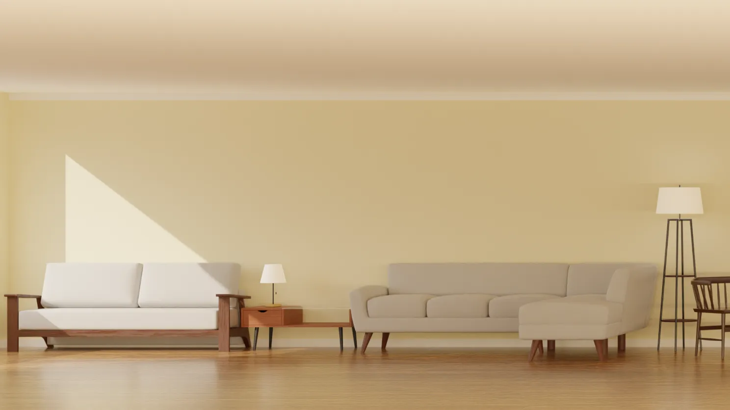 Examples of customizable models of sofa, side tables, floor lamp and chair