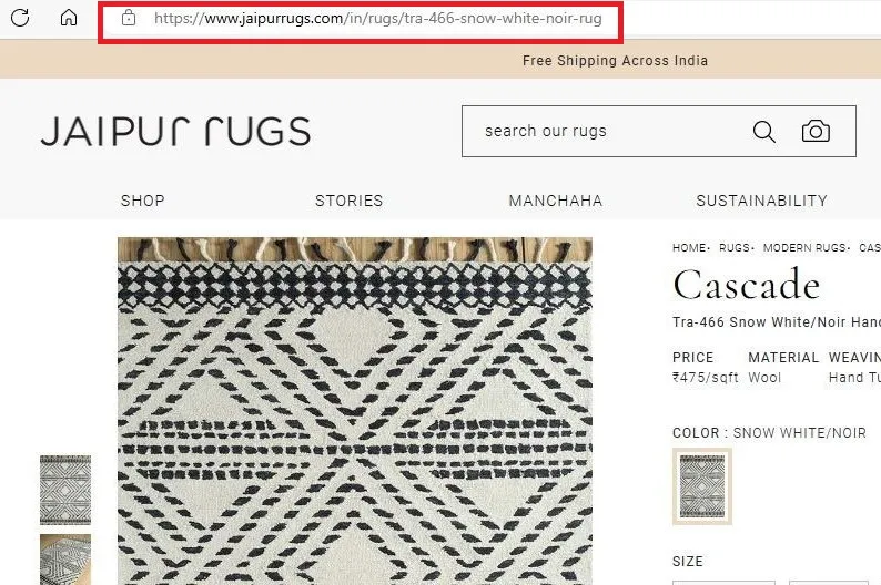 Jaipur Rugs furniture product page URL highlighted