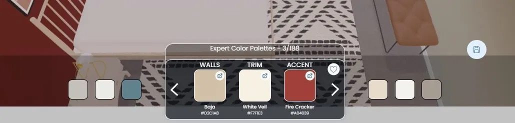 Color palettes filtered based on user preferences within Trisetra&#x27;s &#x27;Paint My Room&#x27; workflow.