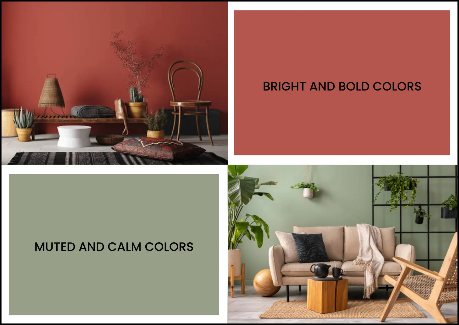 Two designs demonstrating the emotional impact of varying color palettes in home décor.