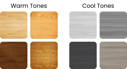 Eight flooring swatches highlighting warm and cool undertones for comparison.