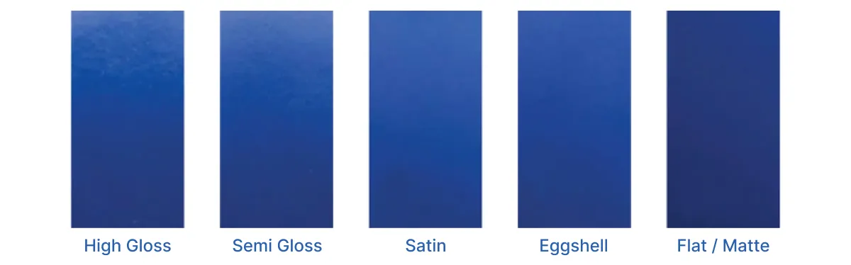 Five swatches depicting the finishes of blue paint color.