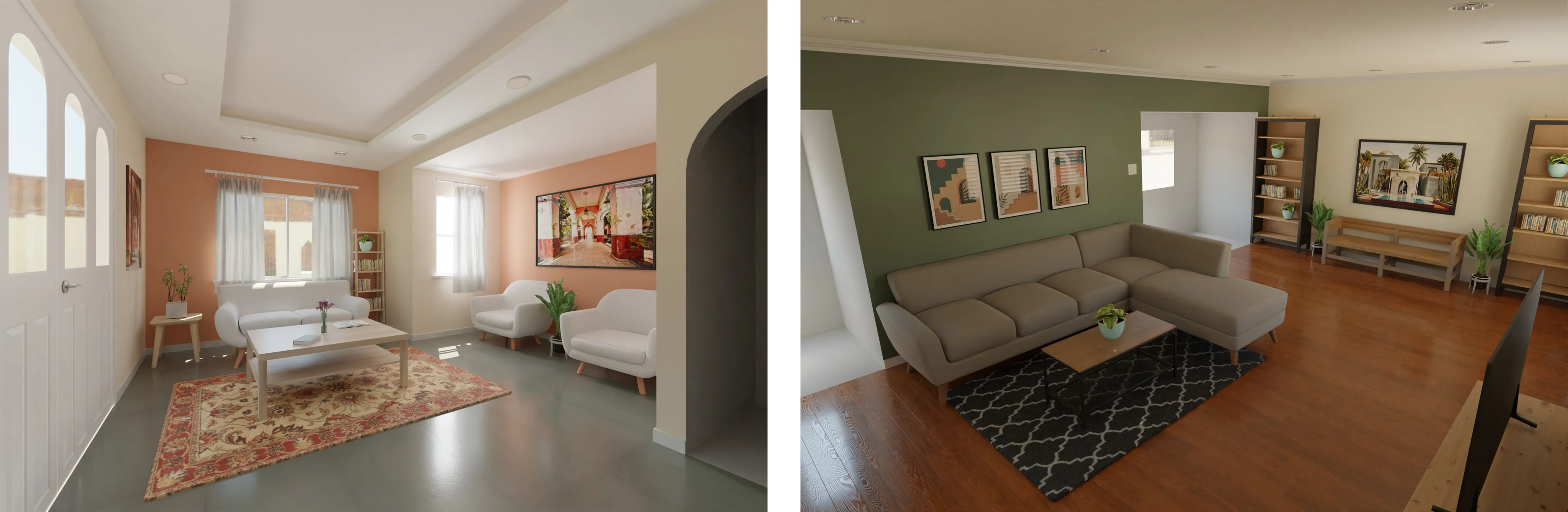 Two living rooms: One featuring an orange accent wall with white furniture, wall painting, and a rug; the other with an L-shaped sofa against a green accent wall, designed with Trisetra Décor.
